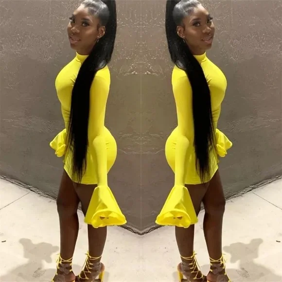 Yellow Flare Sleeve Mini Dress